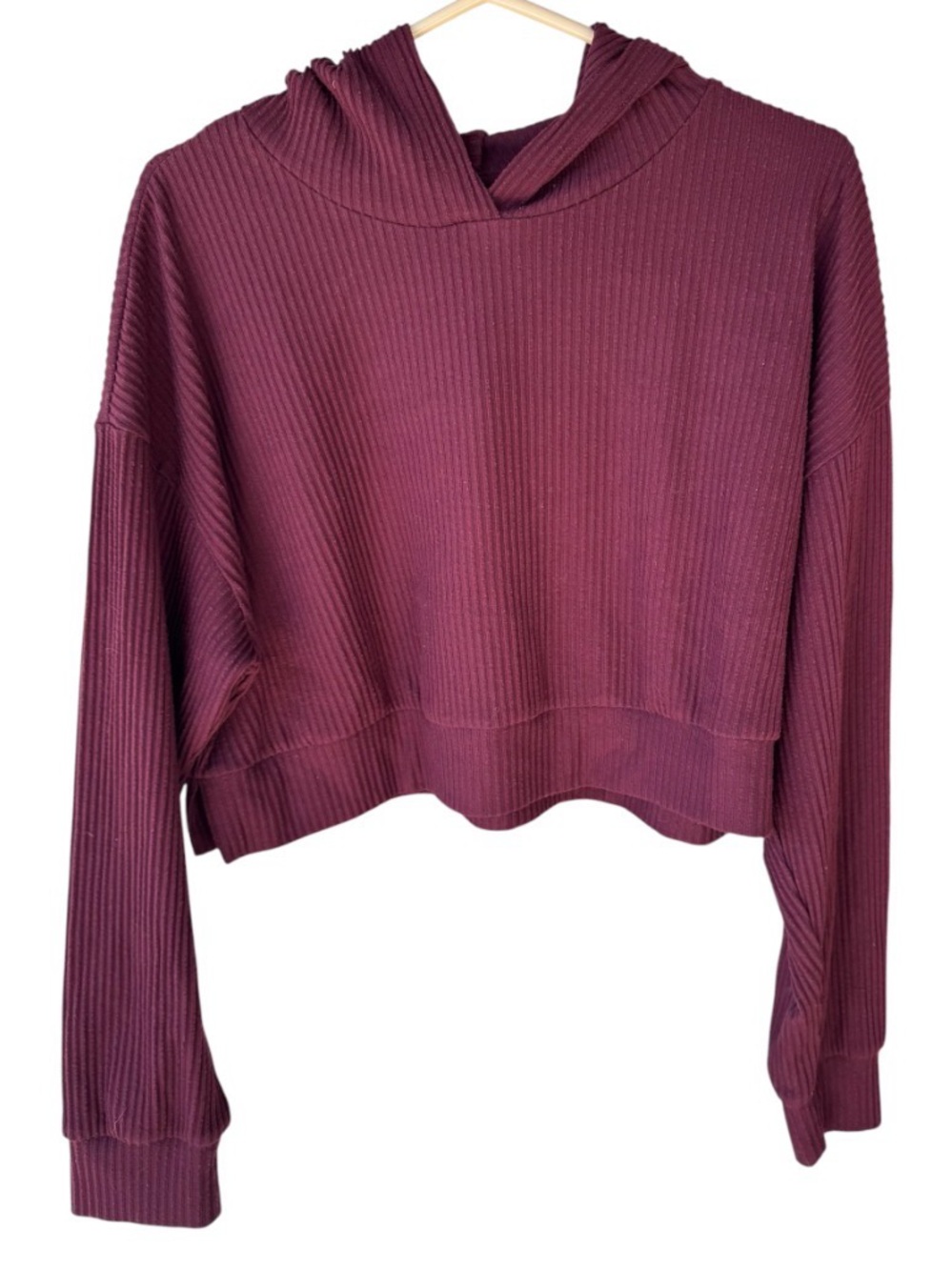 Revival Cropped Ribbed Hoodie Sweater - Burgundy sz L